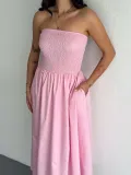 Straplez Pileli Elbise - Pembe