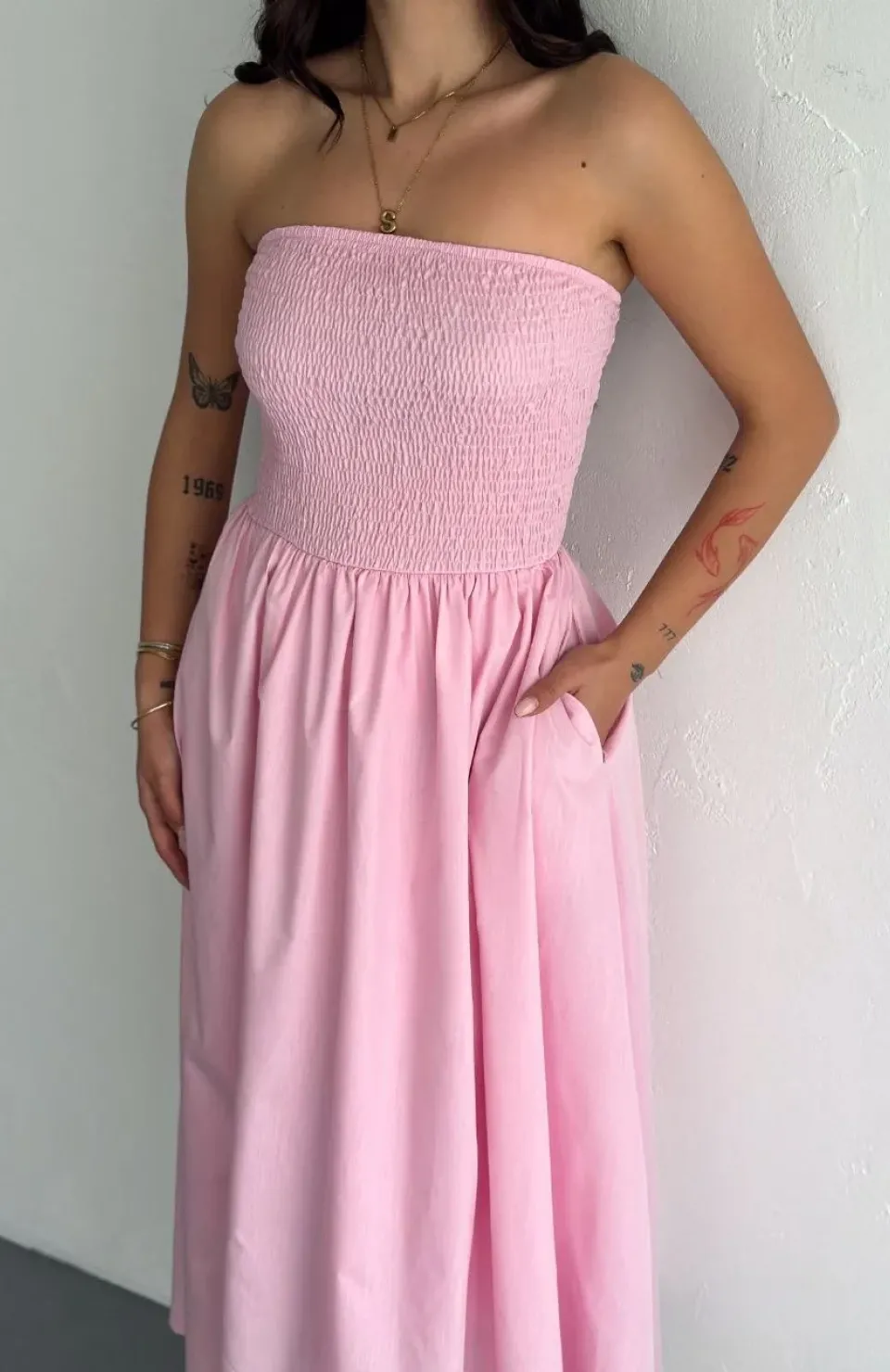 Straplez Pileli Elbise - Pembe