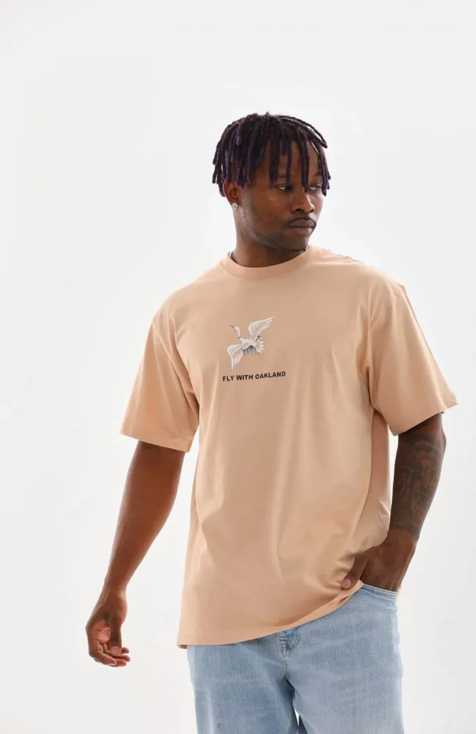 Unisex Baskılı Oversize T-Shirt - Bej