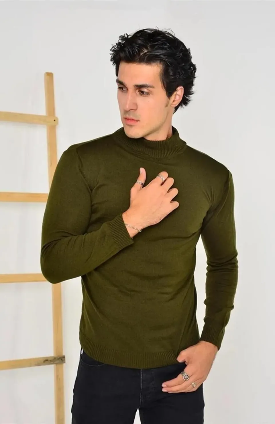 Erkek Tam Balıkçı Yaka Düz Renk Kazak - Yeşil