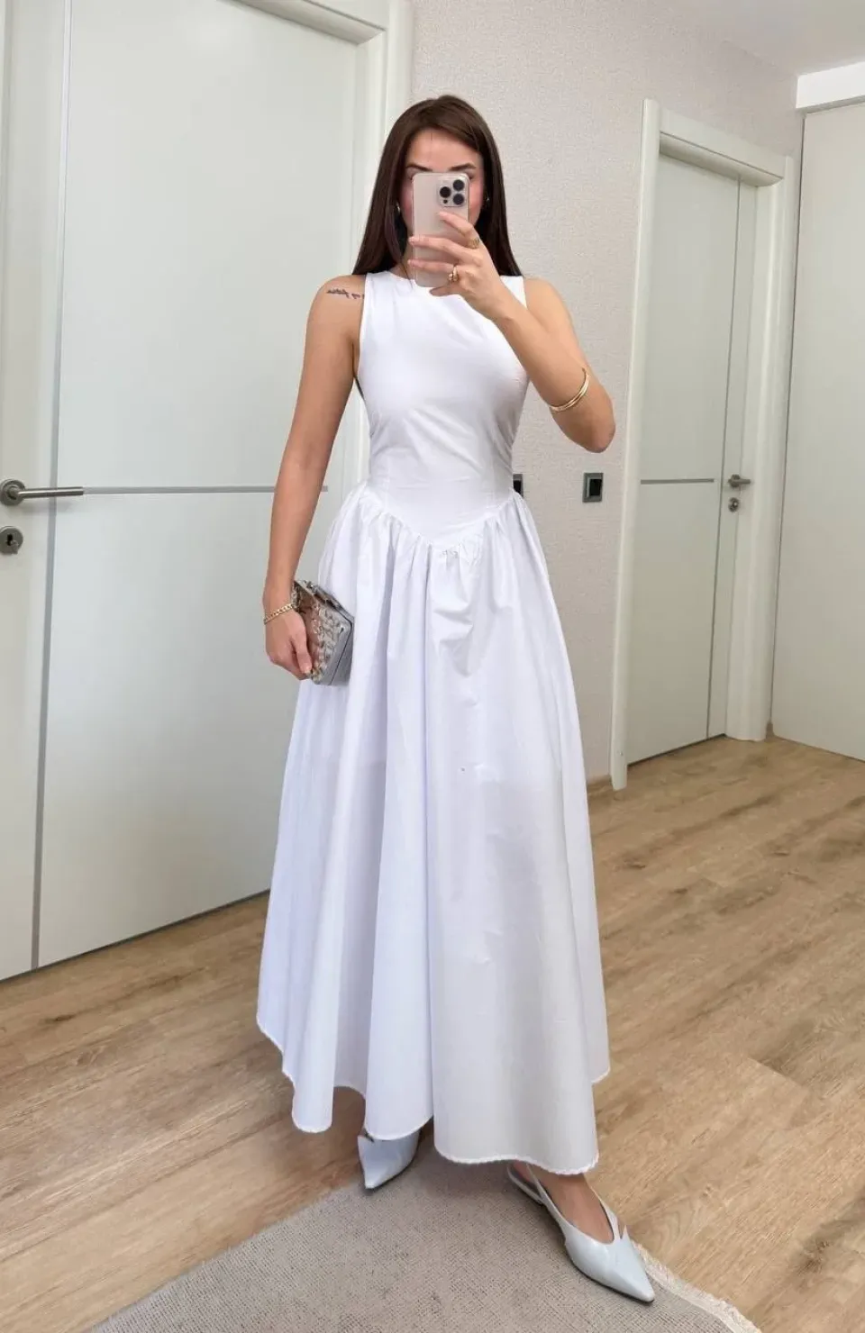 Sifir Kol Beli Oturtmalı Kolsuz Uzun Elbise - Beyaz