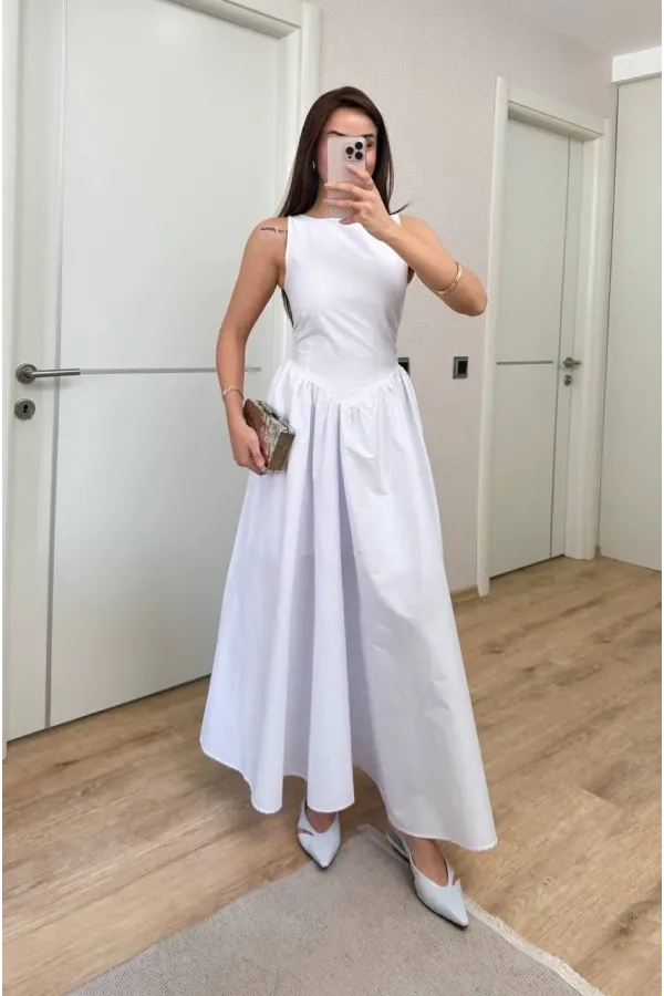 Sifir Kol Beli Oturtmalı Kolsuz Uzun Elbise - Beyaz