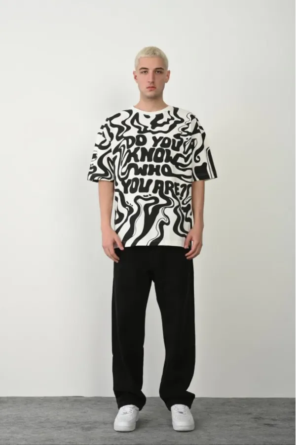 Unisex Baskılı Bisiklet Yaka Oversize T-Shirt - Beyaz