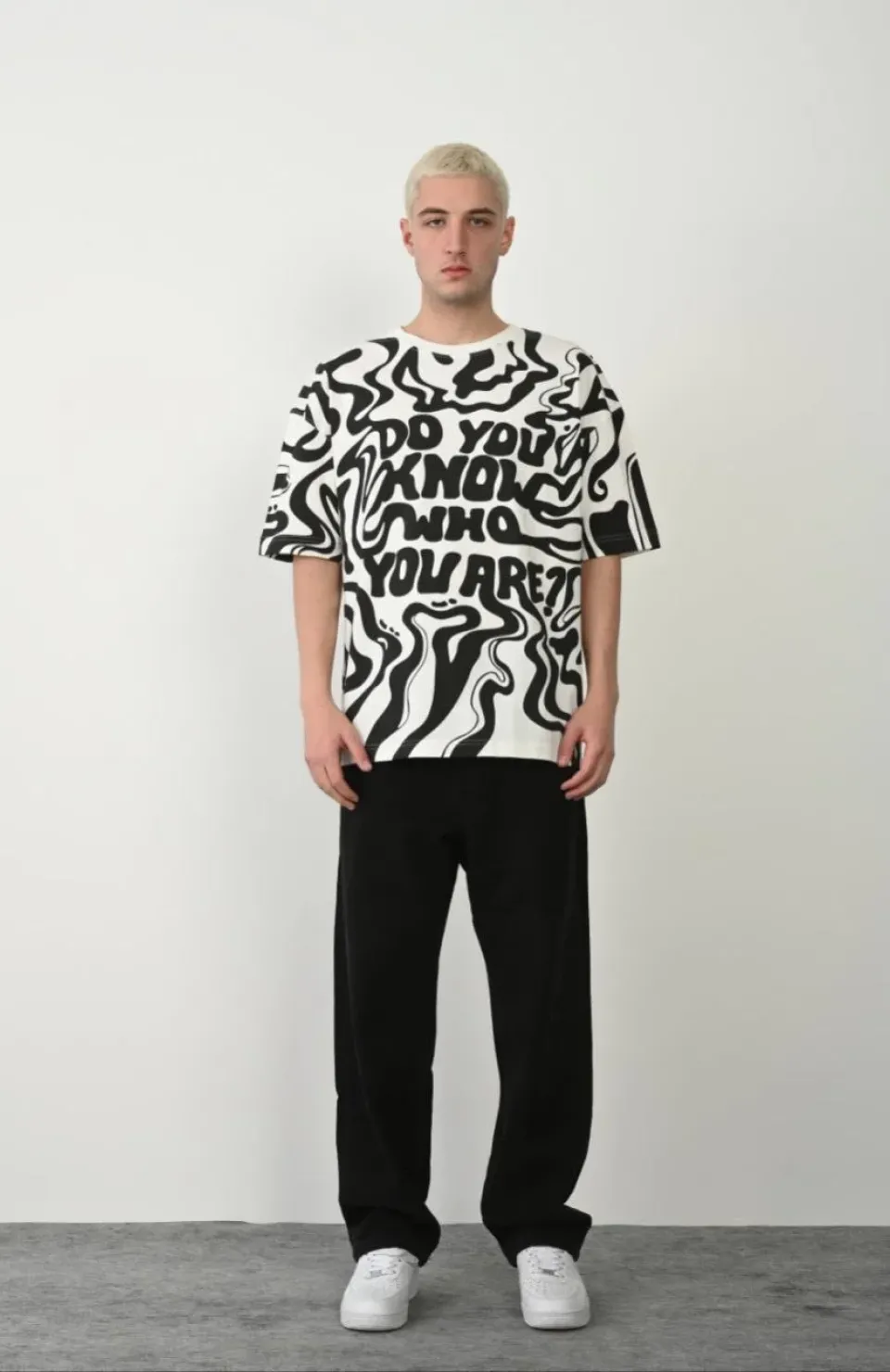 Unisex Baskılı Bisiklet Yaka Oversize T-Shirt - Beyaz