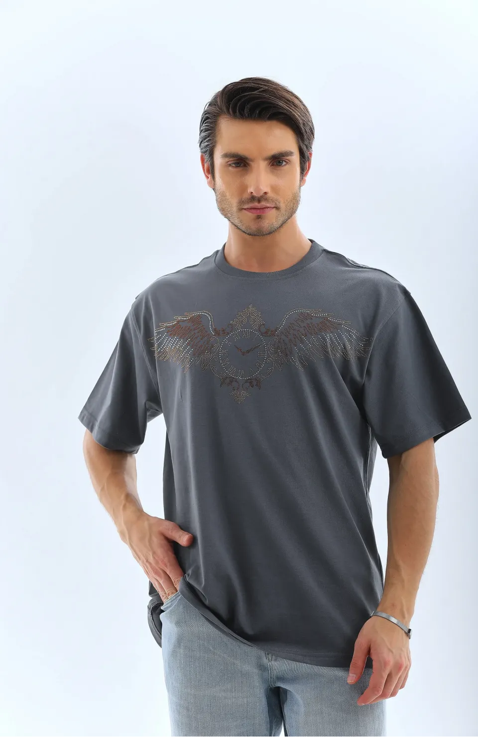 Unisex Oversize Taşlı Bisiklet Yaka T-Shirt - Füme