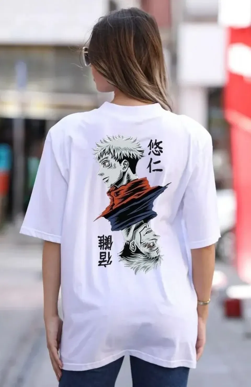 Unisex Bisiklet Yaka Baskılı Oversize T-Shirt - Beyaz