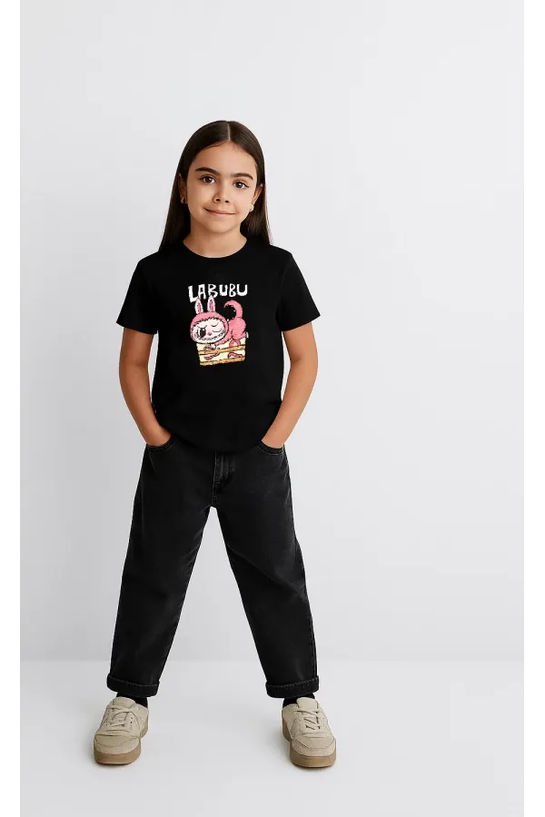 Kız Labubu Çocuk Baskılı T-Shirt - Siyah