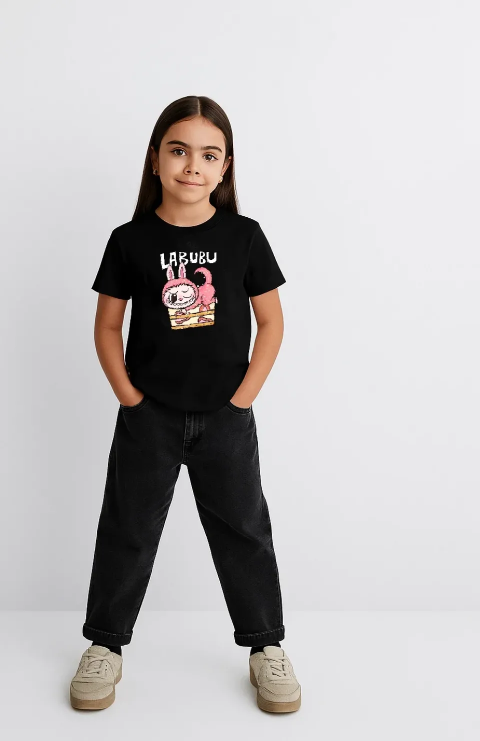 Kız Labubu Çocuk Baskılı T-Shirt - Siyah