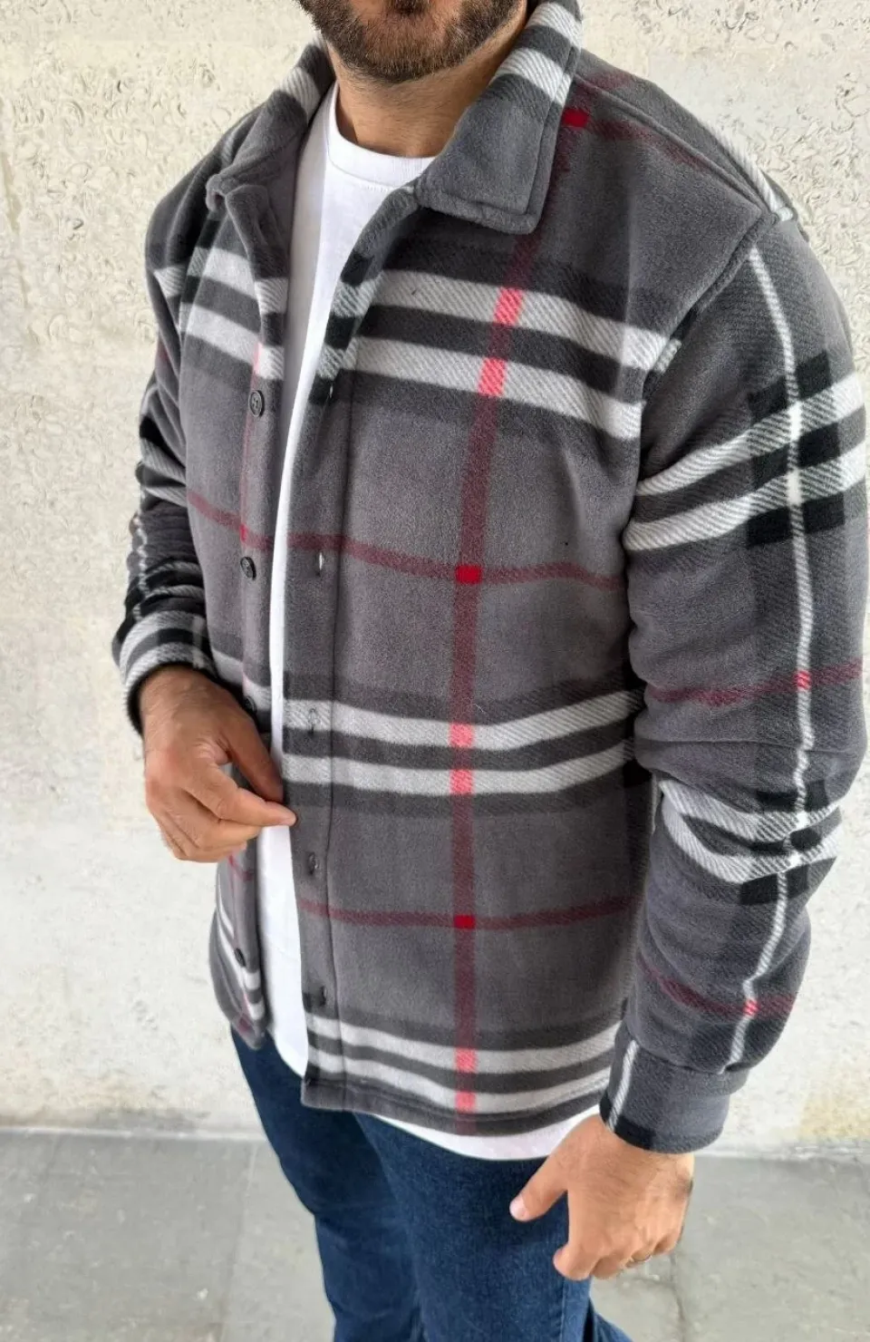 Erkek Ekose Desenli Düğmeli Polar Yakalı Uzun Kollu Gömlek Oversize Rahat Kalıp - Füme