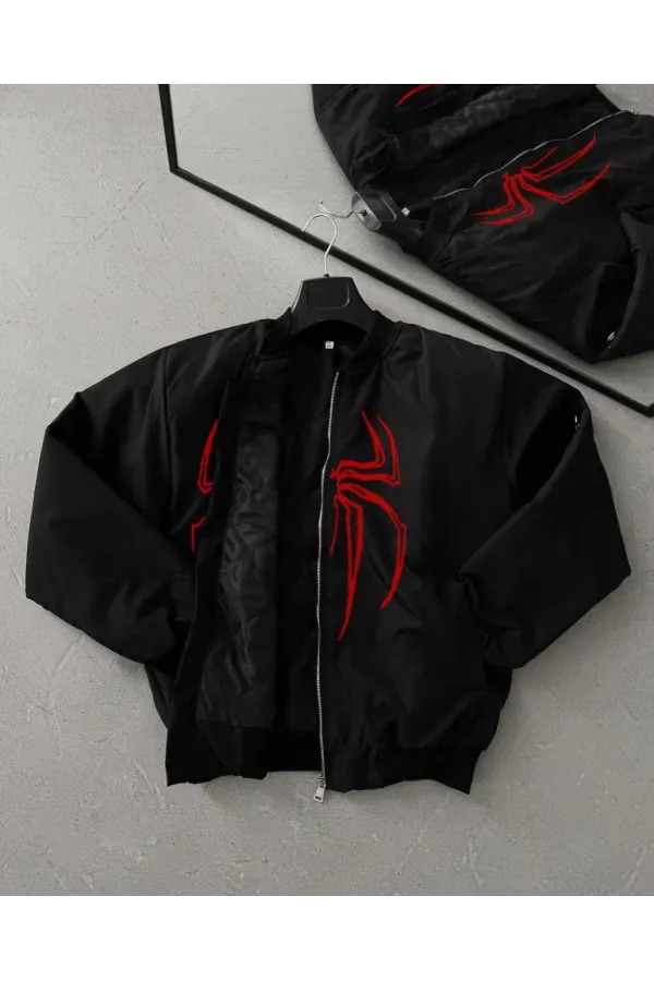 Örümcek Desenli Siyah Bomber Mont – Unisex Kullanıma Uygun, Fermuarlı Cepli, Kapitone Astarlı, Bahar Kış Günlük Giyim İçin Moda Ceket Modeli - Siyah