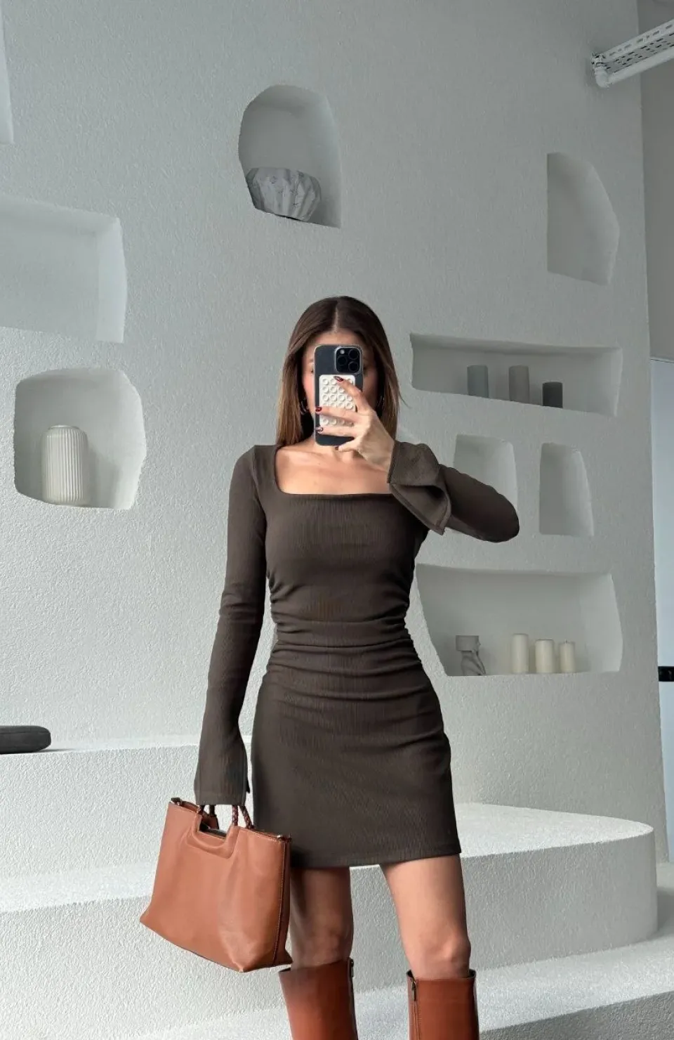 Kare Yaka Mını Boy Fitilli Elbise - Füme