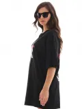 Unisex Bisiklet Yaka Baskılı Oversize T-Shirt - Siyah