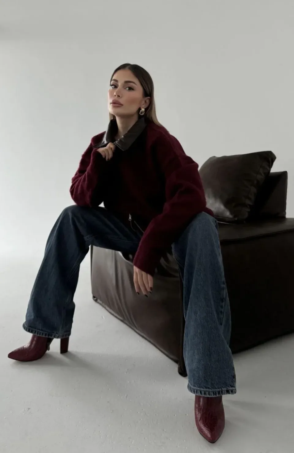 Deri Yakalı Pamuk dokulu Çift Taraflı Çalışan Fermuar Ceket - Bordo