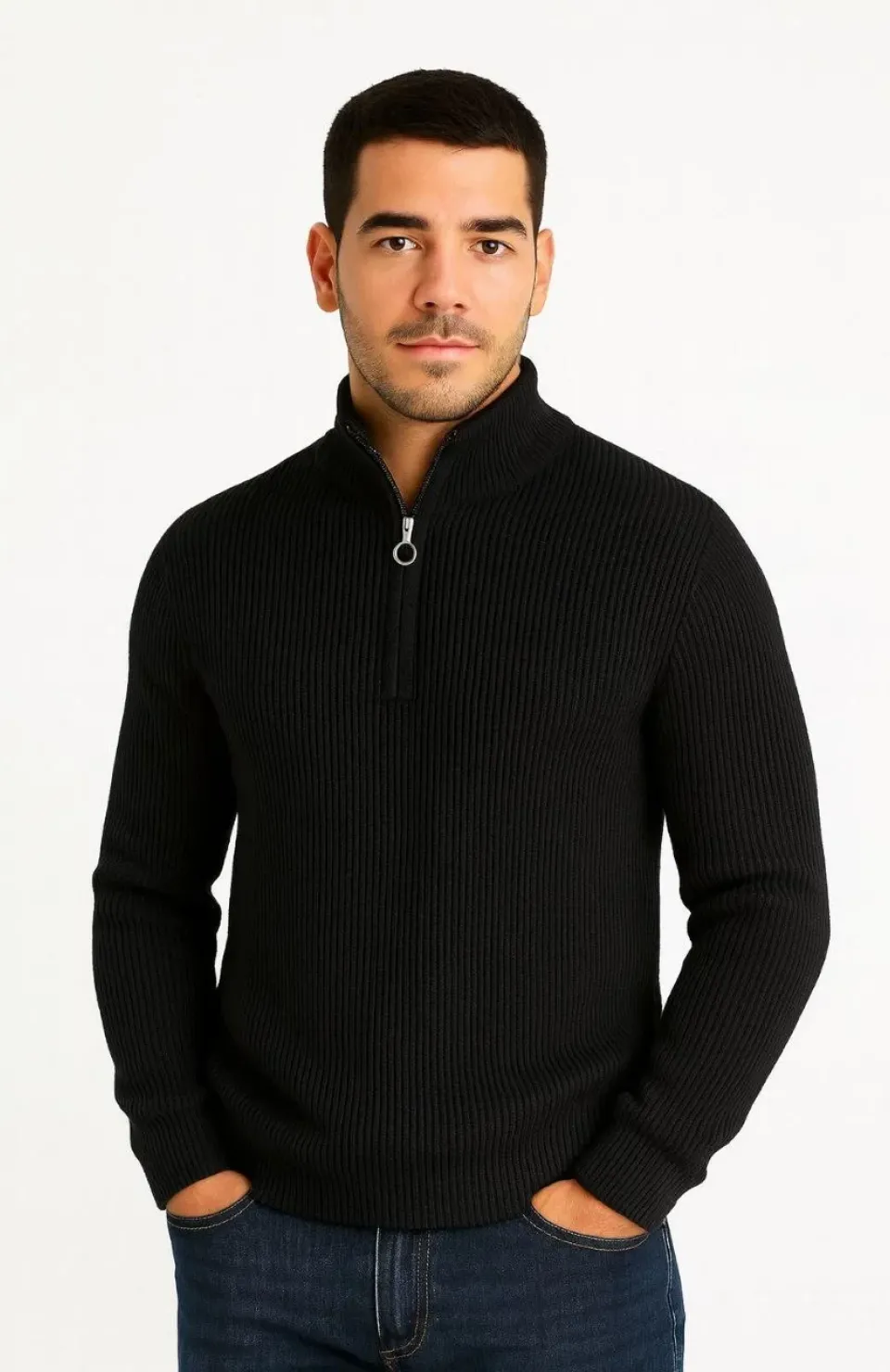 Erkek Yarım Fermuarlı Triko Kazak – Selanik Örgü, Dik Yaka, Pamuklu Dokuma, Regular Fit Uzun Kollu Kışlık Model - Siyah Somersan Giyim | Kadın, Erkek ve Çocuk Moda