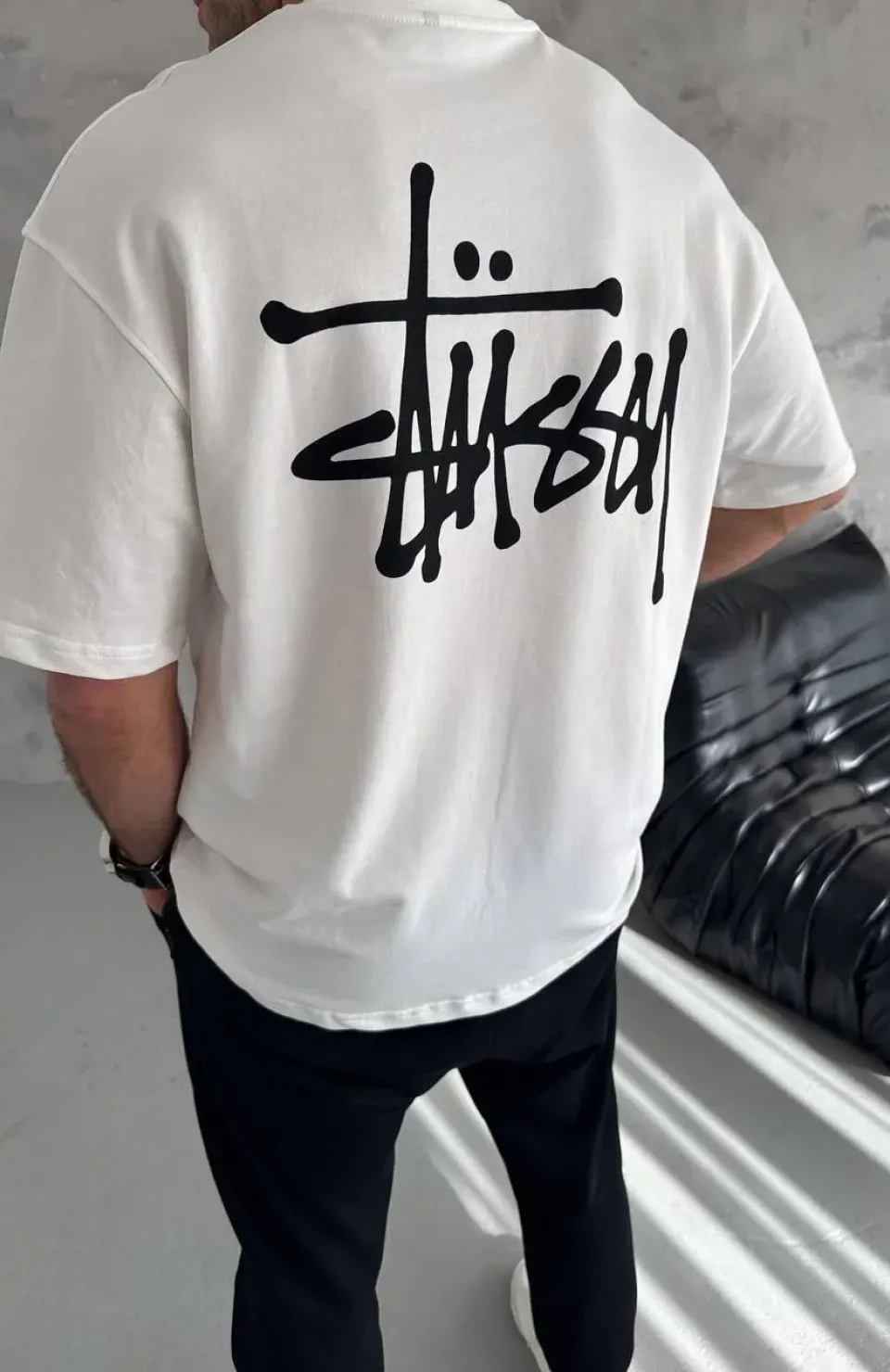 Unisex Bisiklet Yaka Baskılı Oversize T-Shirt - Beyaz