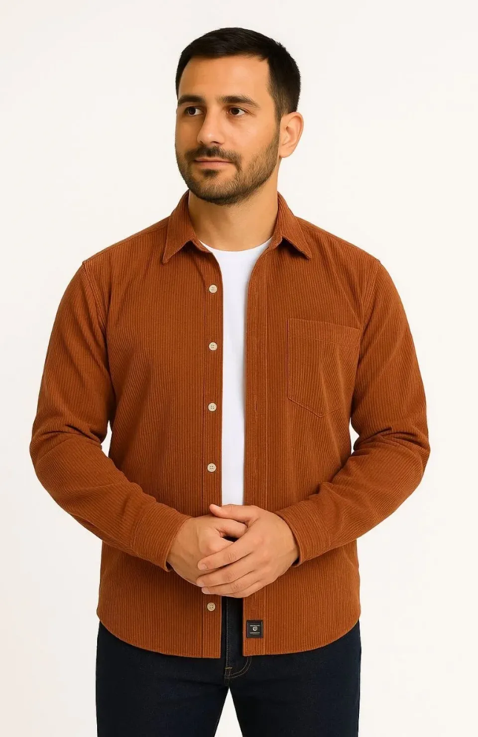 Erkek Fitilli Kadife Cepli Gömlek Oversize Rahat Kalıp - Kahverengi