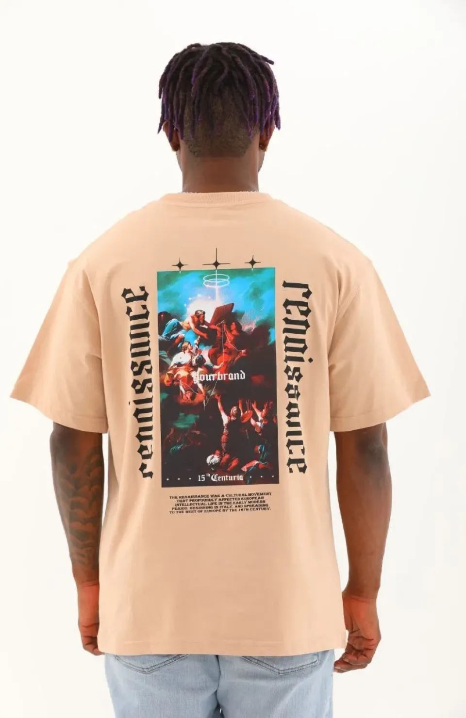 Unisex Oversize Baskılı Bisiklet Yaka T-Shirt - Bej