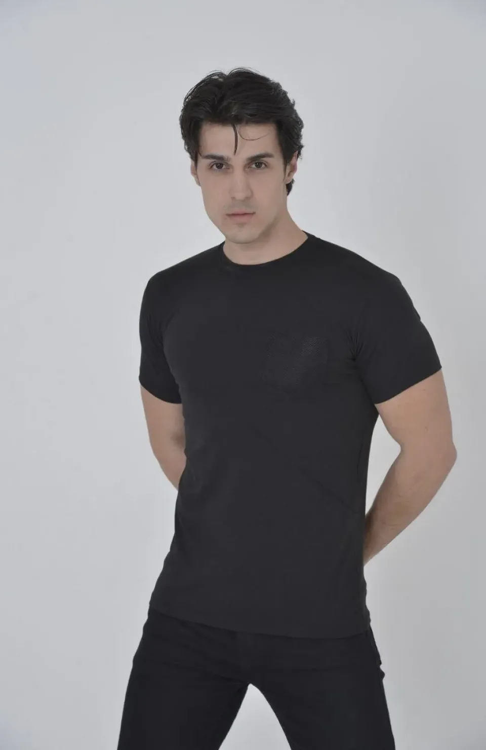 Erkek File Cepli Slim fit T-shirt - Siyah