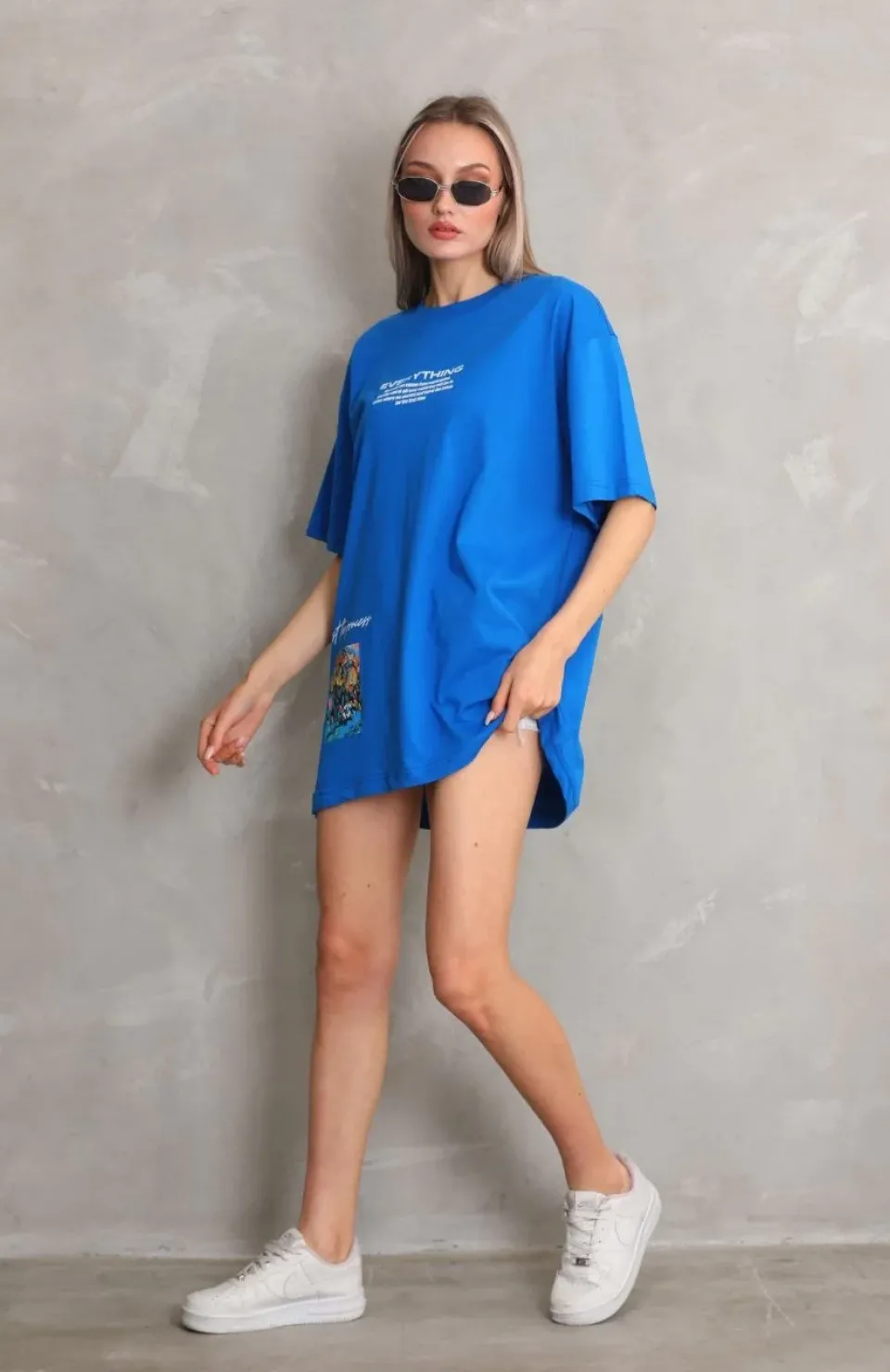Unisex Bisiklet Yaka Baskılı Oversize T-Shirt - Mavi
