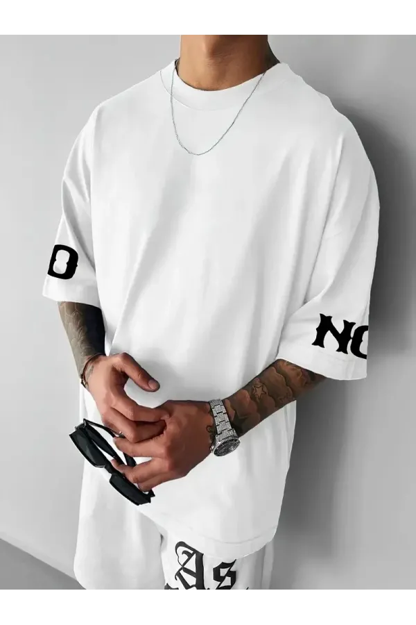 No Risk No Story Baskılı Oversize Bisiklet Yaka T-shirt - Beyaz