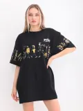 Unisex Bisiklet Yaka Baskılı Oversize T-Shirt - Siyah