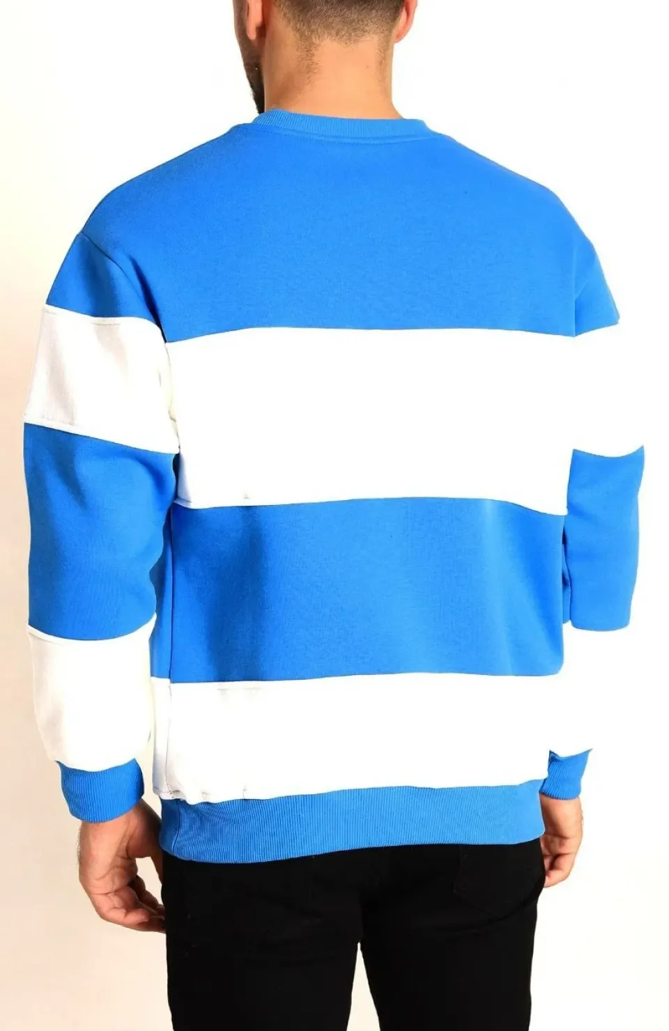 Parçalı Bisiklet Yaka Baskılı SweatShirt - Mavi