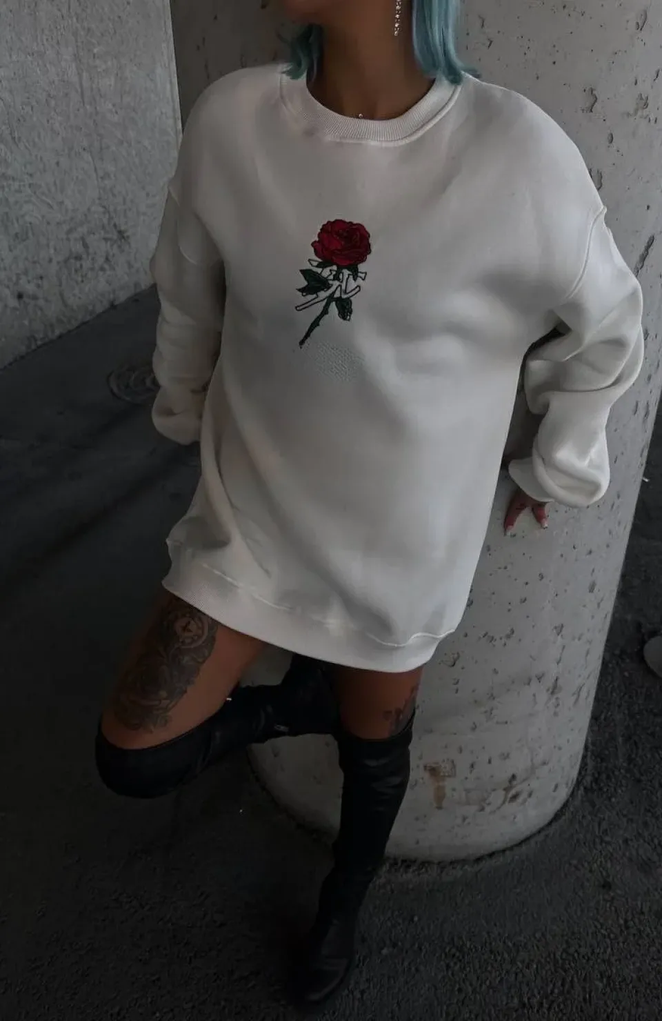 Oversize Üç İplik Bisiklet Yaka Baskılı SweatShirt - Beyaz