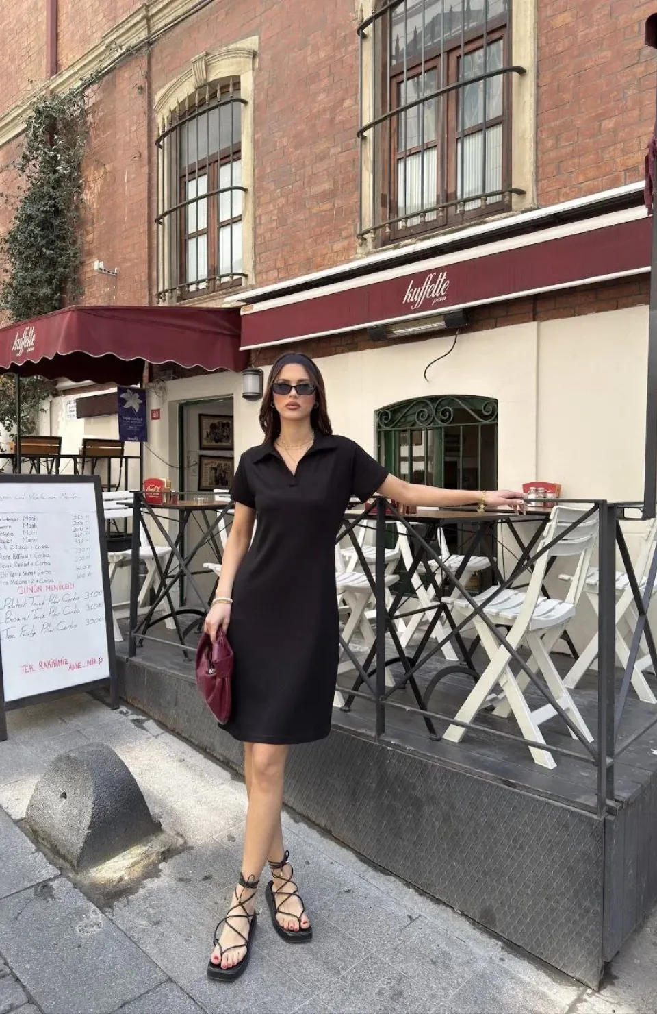 Osy Modal Yumuşak Dokulu Kumaş Yakalı Kısa Kollu Elbise - Siyah