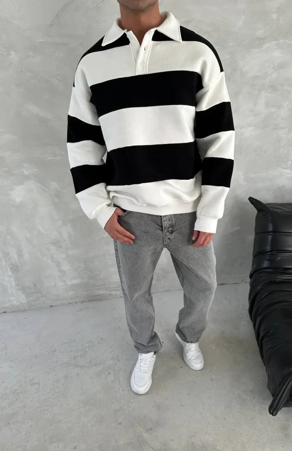 Unisex Üç İplik Parçalı Yakalı SweatShirt - Siyah