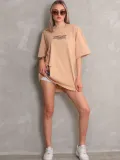Unisex Bisiklet Yaka Baskılı Oversize T-Shirt - Bej