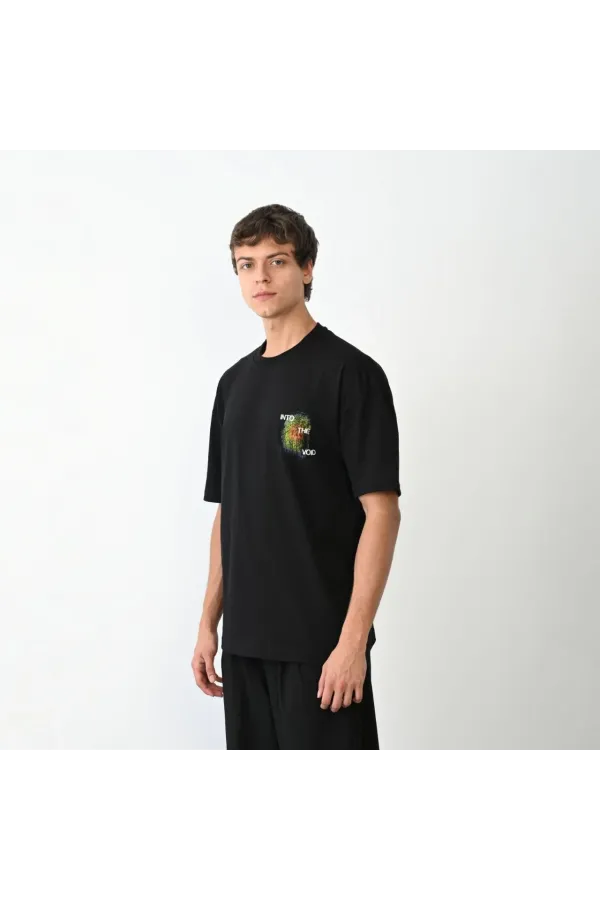 Unisex Bisiklet Yaka Baskılı Oversize T-Shirt - Siyah