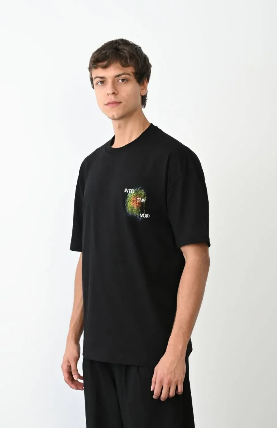 Unisex Bisiklet Yaka Baskılı Oversize T-Shirt - Siyah