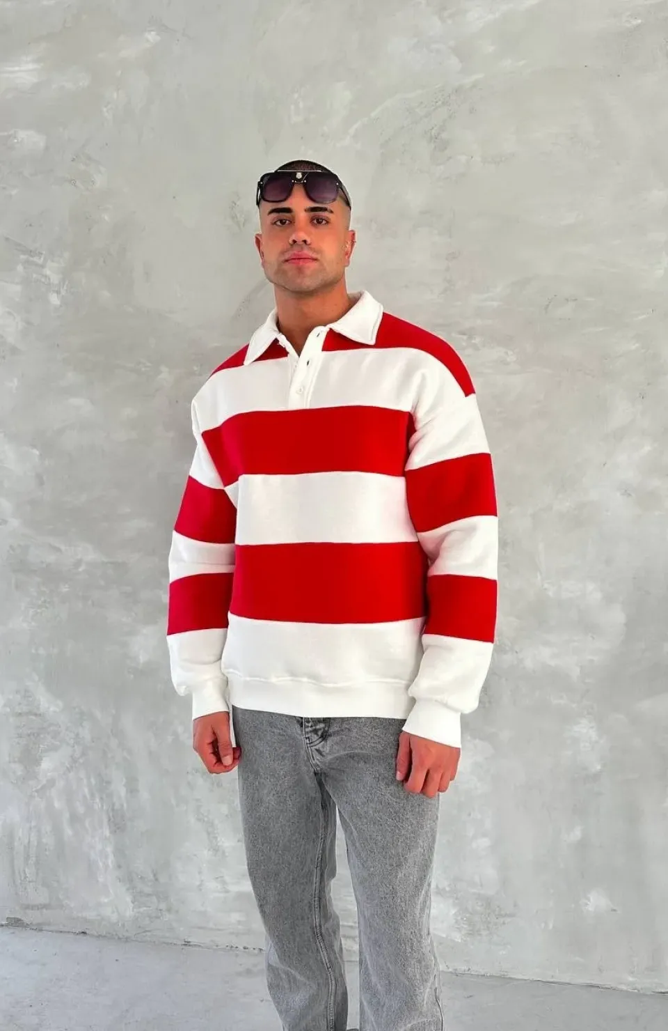 Unisex Üç İplik Parçalı Yakalı SweatShirt - Kırmızı Somersan Giyim | Kadın, Erkek ve Çocuk Moda