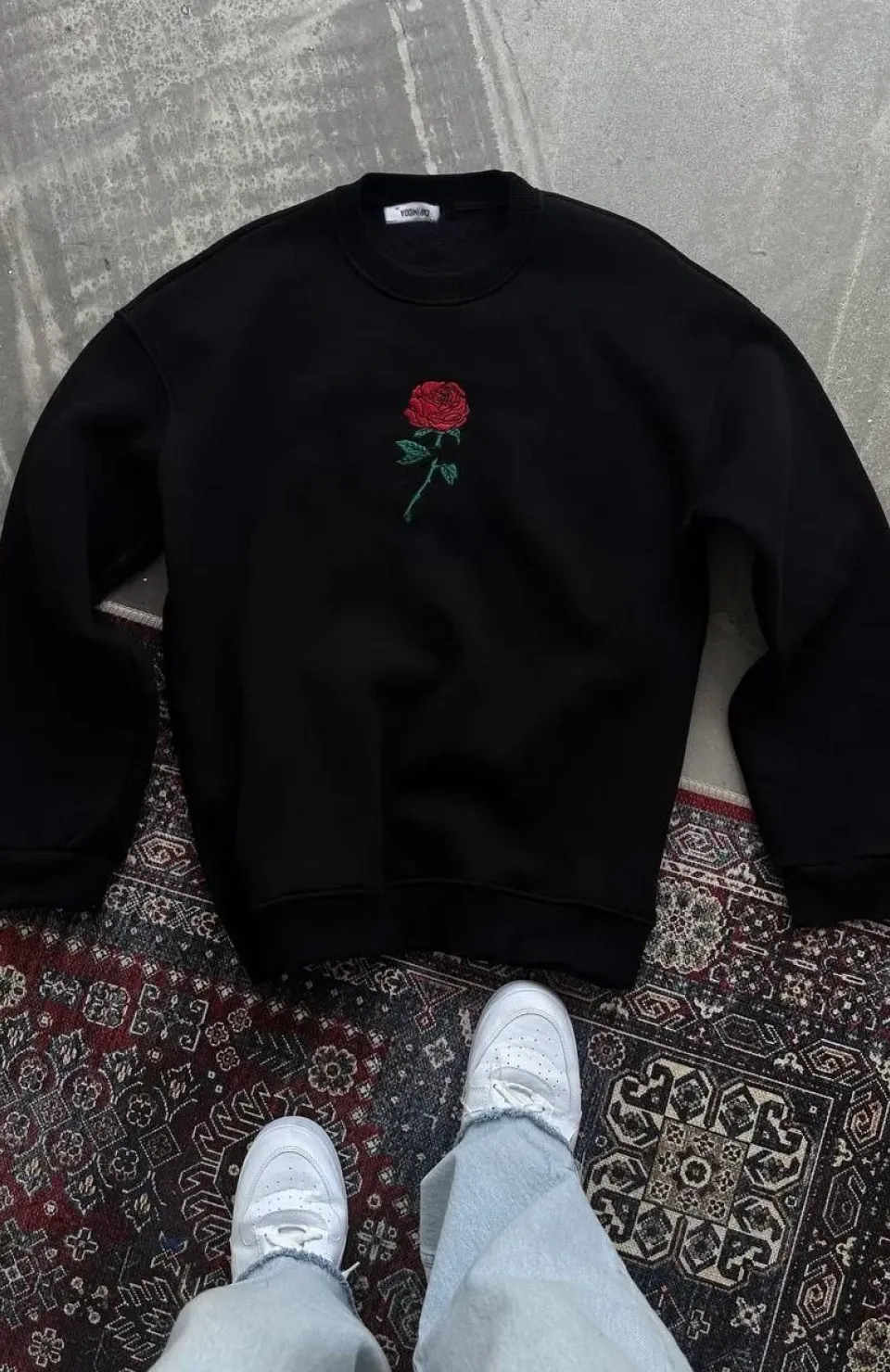 Oversize Üç İplik Bisiklet Yaka Baskılı SweatShirt - Siyah
