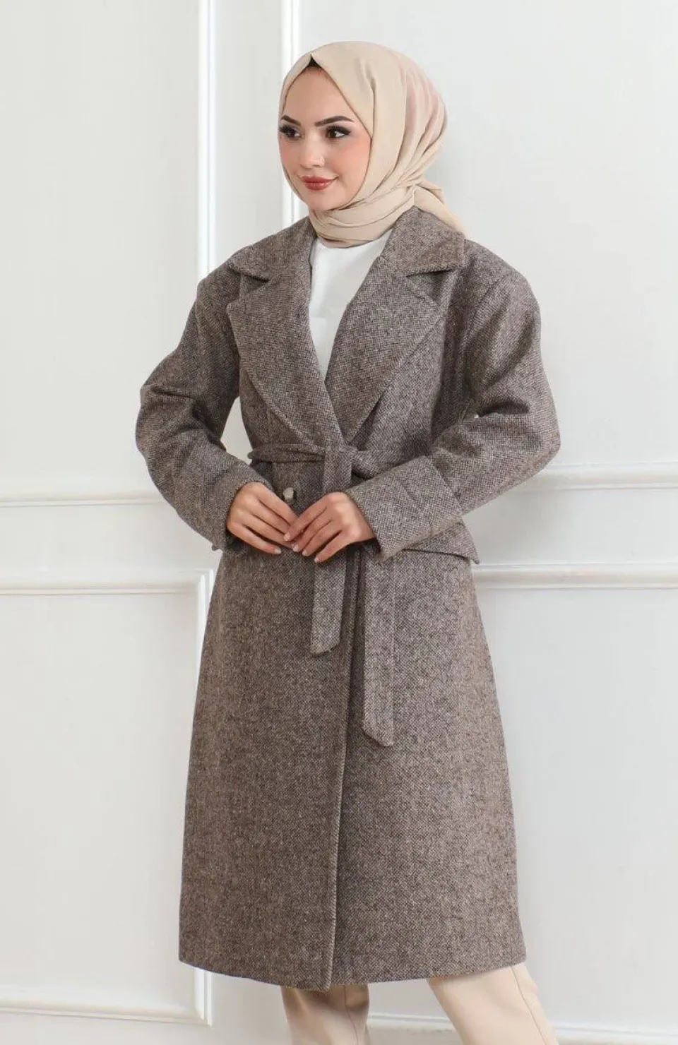 Beli Kuşaklı Yünlü Dokuma Kaşmir Kaban - Vizon Somersan Giyim | Kadın, Erkek ve Çocuk Moda