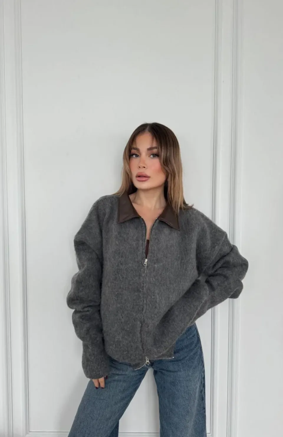 Deri Yakalı Pamuk dokulu Çift Taraflı Çalışan Fermuar Ceket - Füme