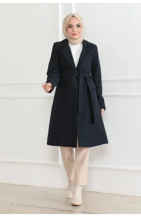 Kadın Düğmeli İçi Astarlı Kaşmir Kaşe Kaban - Lacivert