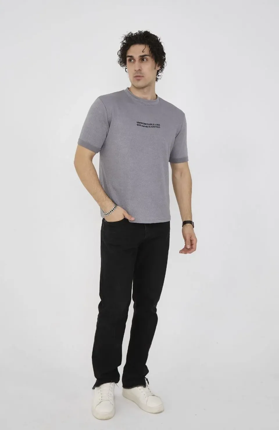 Unisex Bisiklet Yaka Slim fit T-Shirt- Gri