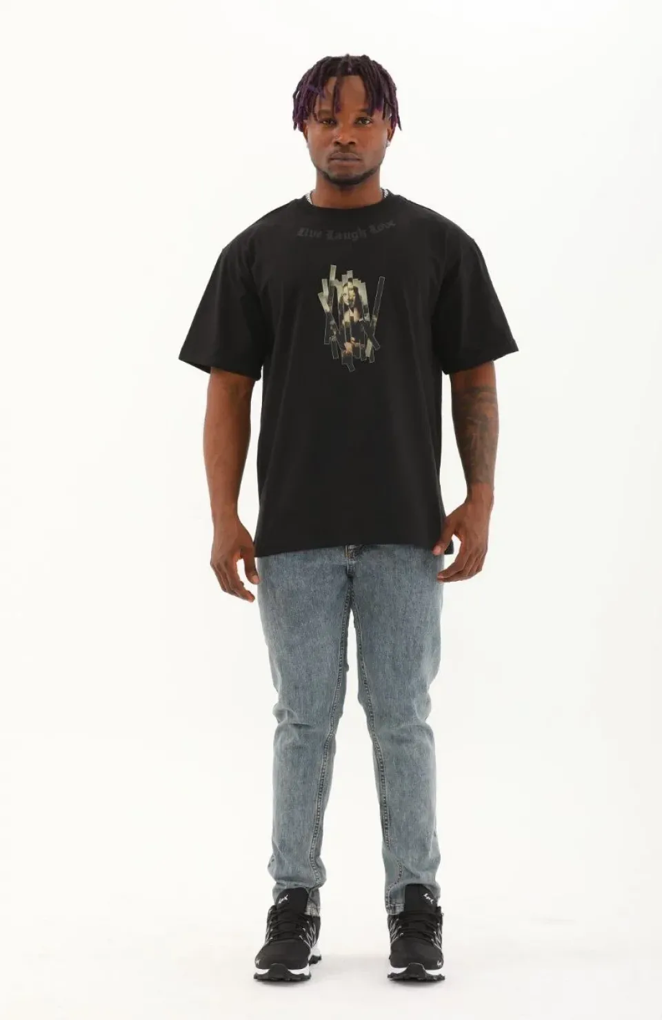 Unisex Oversize Baskılı Bisiklet Yaka T-Shirt - Siyah