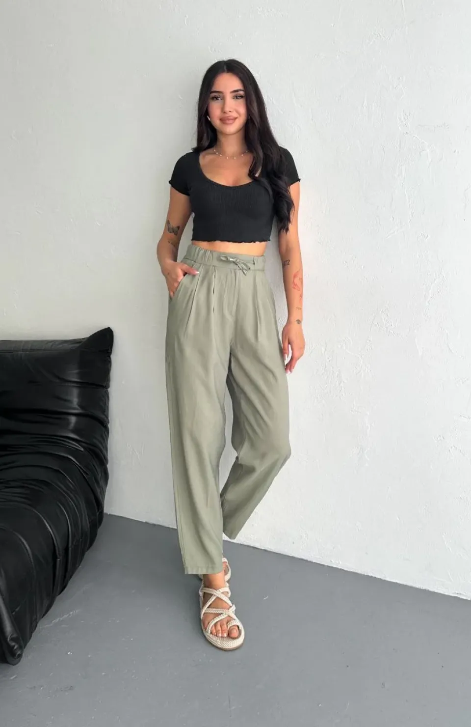 Kadın Yüksel Bel Beli Bağcıklı Cepli Rahat Paça Pantalon - Su Yeşili