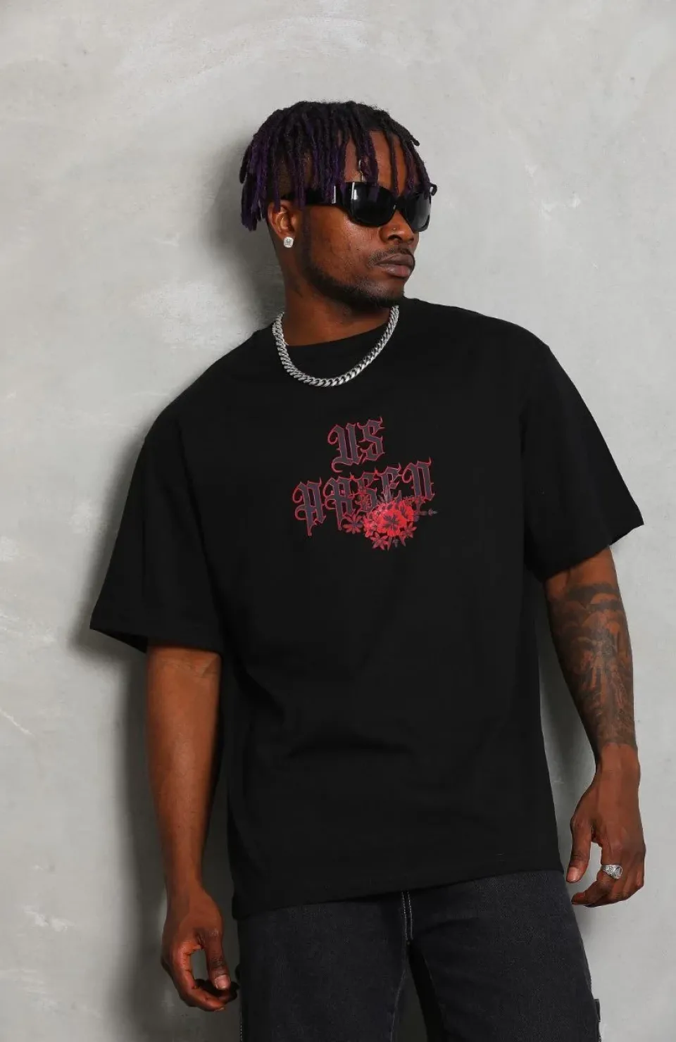 Unisex Oversize Baskılı Bisiklet Yaka T-Shirt - Siyah