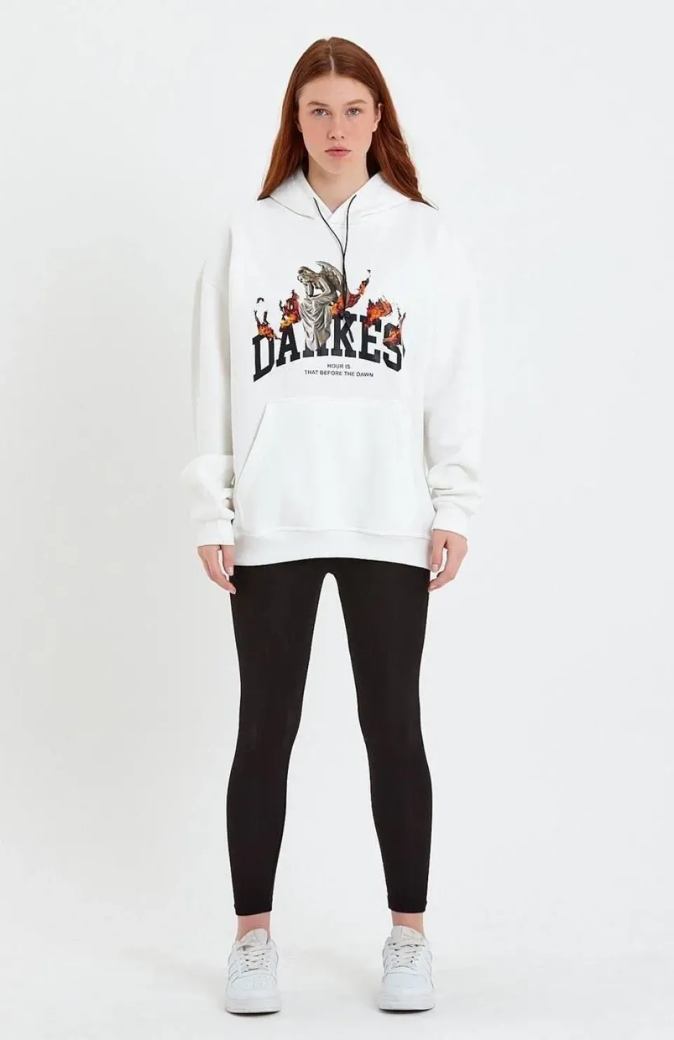 Kadın DANKES Baskılı Kapüşonlu Sweat - Beyaz