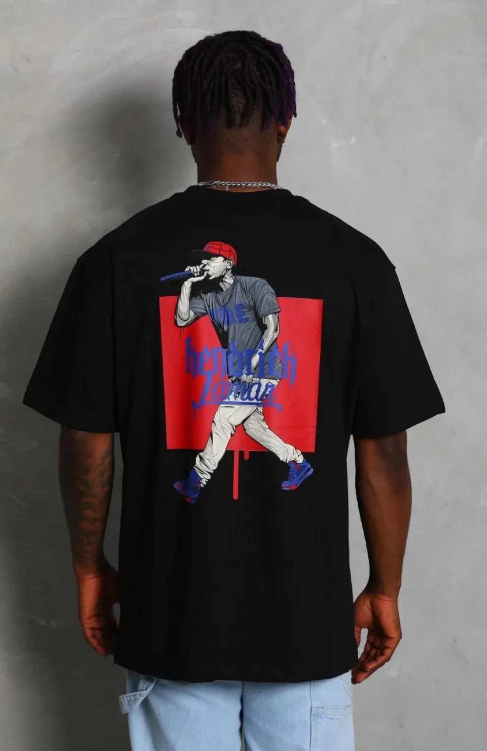 Unisex Oversize Baskılı Bisiklet Yaka T-Shirt - Siyah