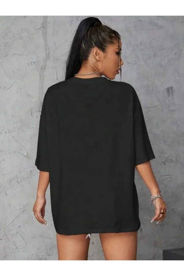 Kadın Baskılı Oversize T-shirt - Siyah