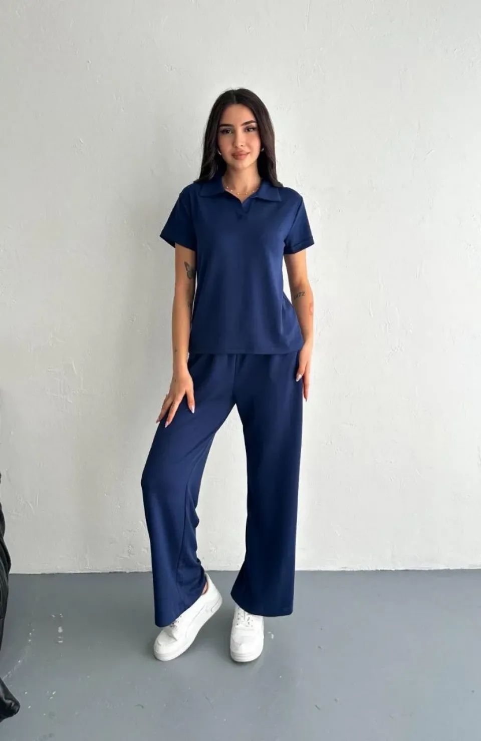 Osy Modal Yumuşak Dokulu Kumaş Kısa Kollu Yakalı T-shirt Pantalon ikili Takım- Lacivert