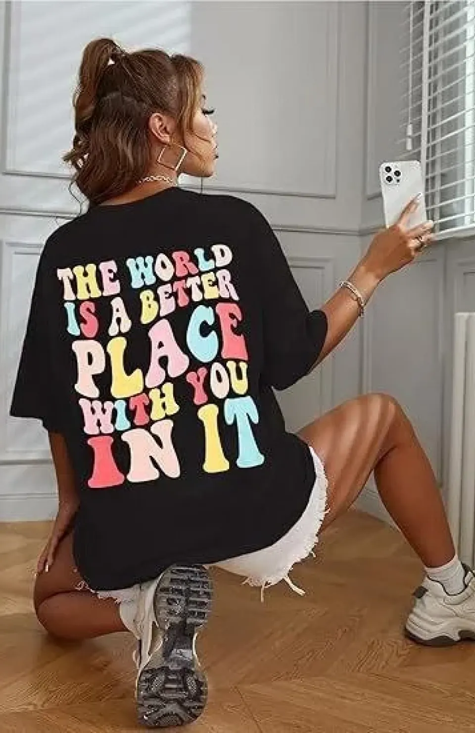 Kadın Bisiklet Yaka Baskılı T-shirt - Siyah