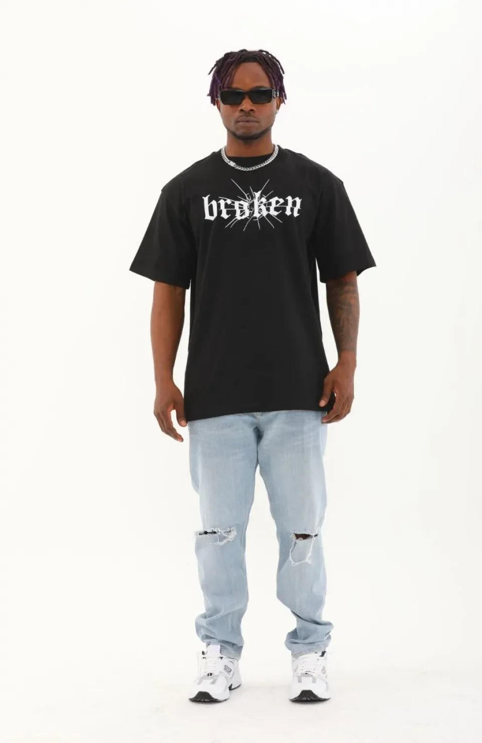 Unisex Oversize Baskılı Bisiklet Yaka T-Shirt - Siyah