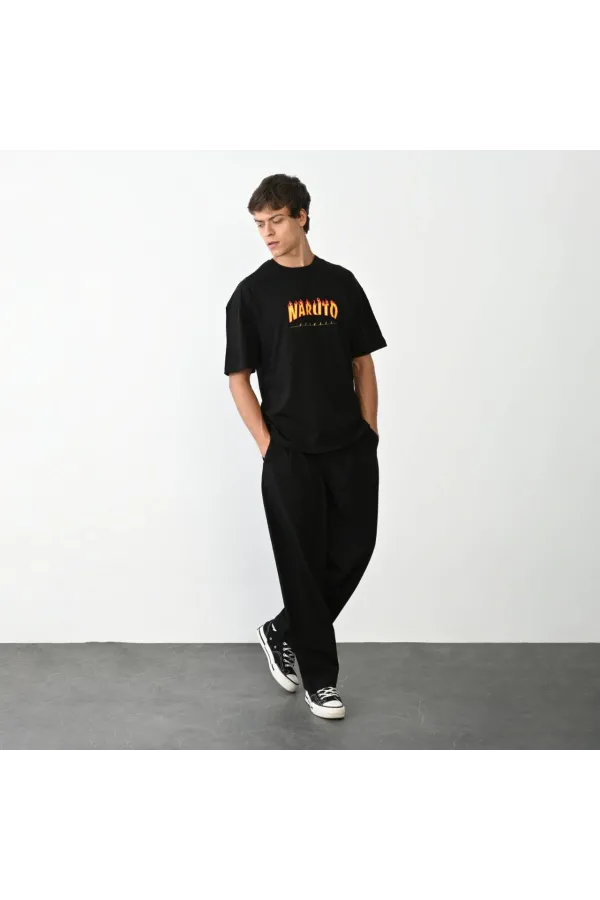 Unisex Bisiklet Yaka Baskılı Oversize T-Shirt - Siyah