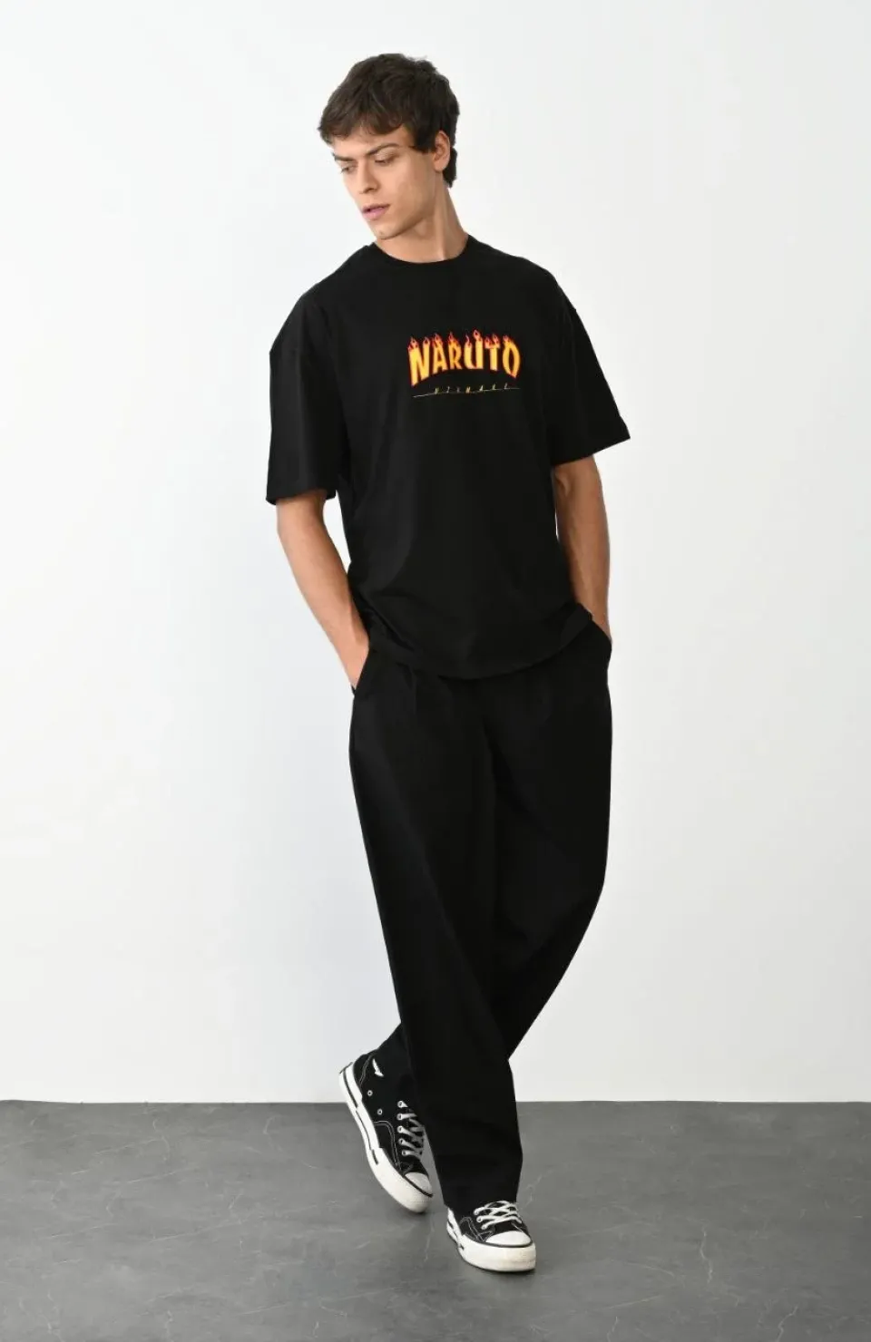 Unisex Bisiklet Yaka Baskılı Oversize T-Shirt - Siyah