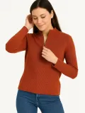 KADIN Yarım Fermuarlı Triko Kazak – Selanik Örgü, Dik Yaka, Pamuklu Dokuma, Oversize Uzun Kollu Kışlık Model - Kiremit